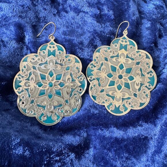 5/$25 Gold Teal Mandala Medallion Earrings - Picture 7 of 9